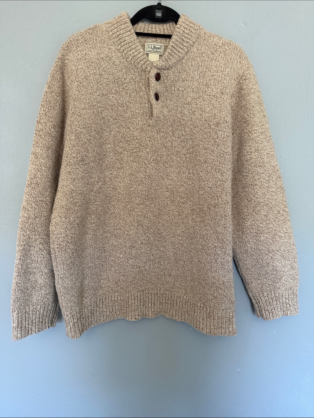 L.L. Bean Classic Ragg Wool Henley Sweater Beige Oatmeal Lambswool Grandpa Cabin